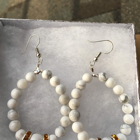 White and Orange Howlite Hoop Earrings - Picture 7 of 8